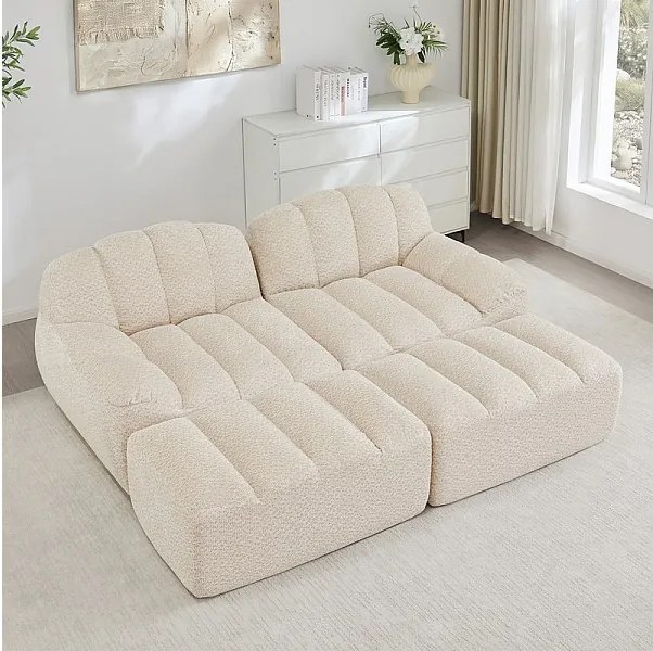 Canapé 2 places modulable en velours côtelé - avec 2 pouf - 68cm d'assise profonds - 210x165x79cm - Beige