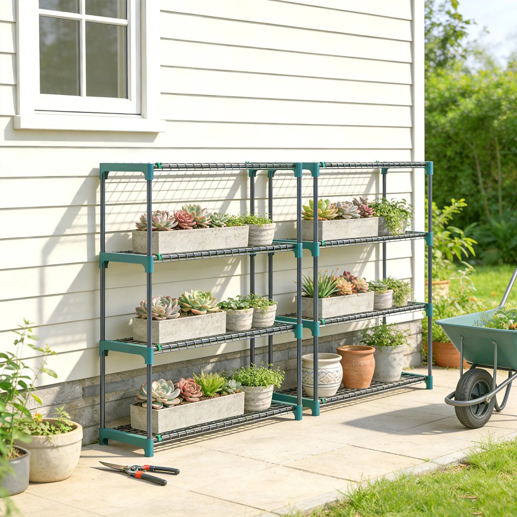 Outsunny Zestaw 2 stojaków na rośliny, 4-poziomy, 104 cm wysokości, stojak na kwiaty do wnętrz i na zewnątrz, stal, ciemnozielony | Aosom PL