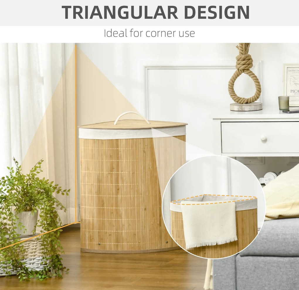 HOMCOM 55L Kosz na bieliznę z pokrywą, uchwytem, sorter prania z wymiennym workiem na pranie dla łazienki, bambus, naturalny