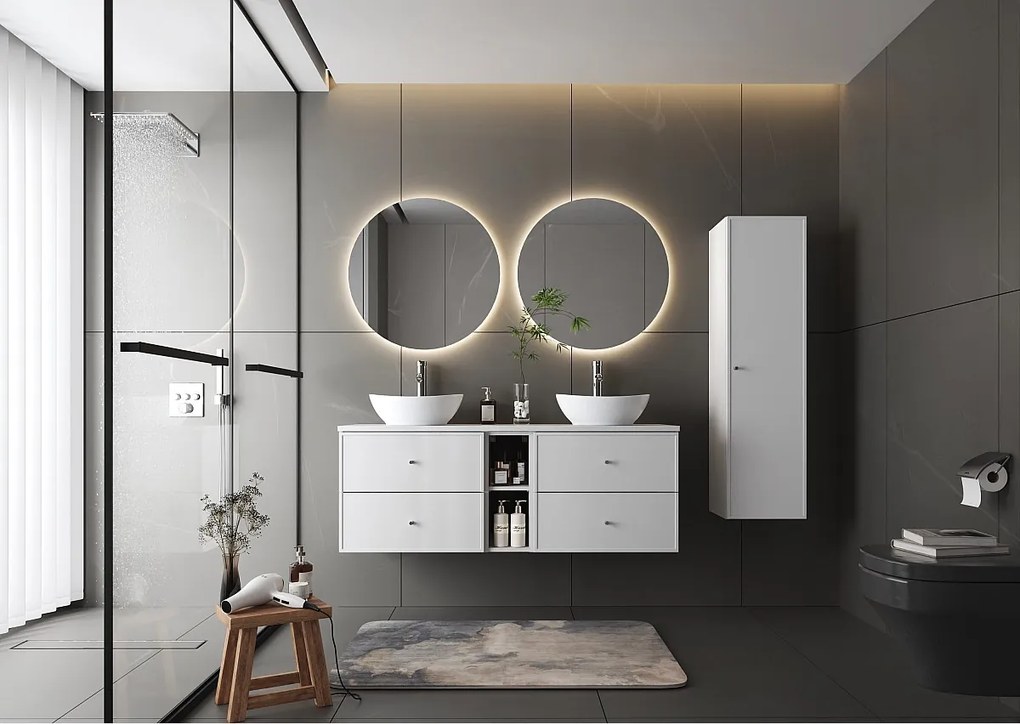 Biały Zestaw do Łazienki 140cm Szafka Regał Blat Marco