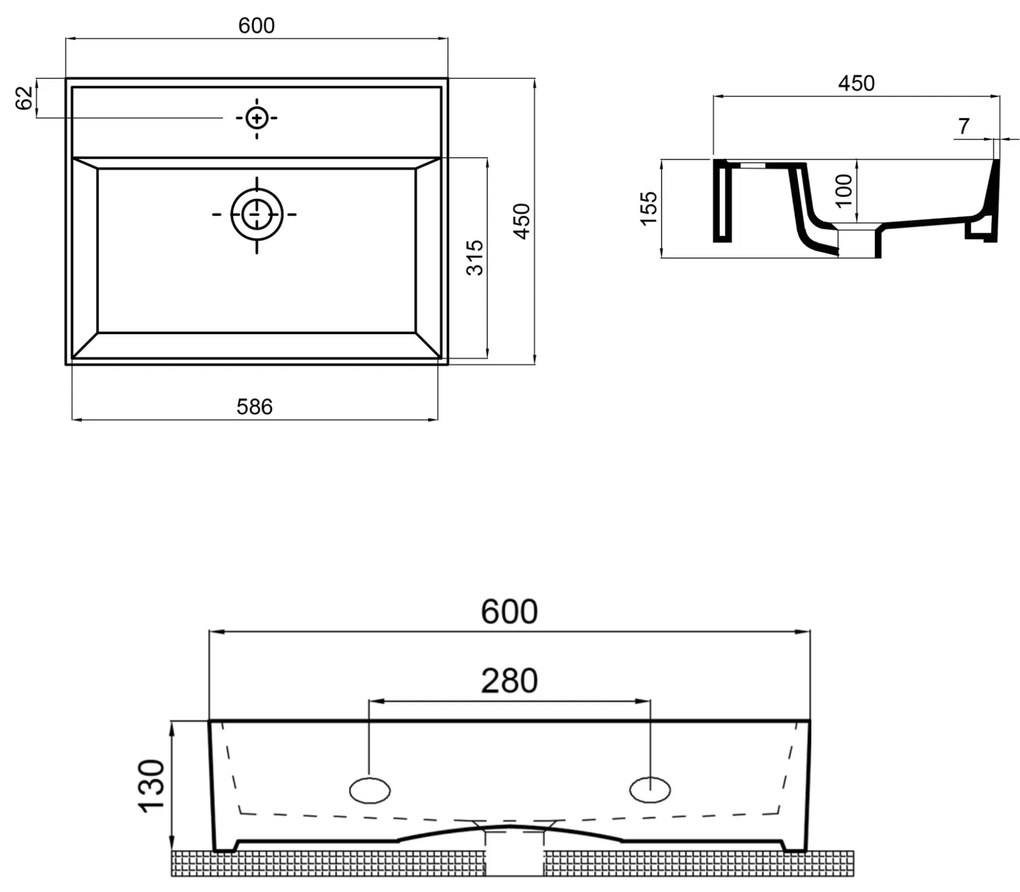 Umywalka ceramiczna nablatowa / wisząca brązowa z półką i otworem na baterie 60 x 45 cm LERA Cappuccino