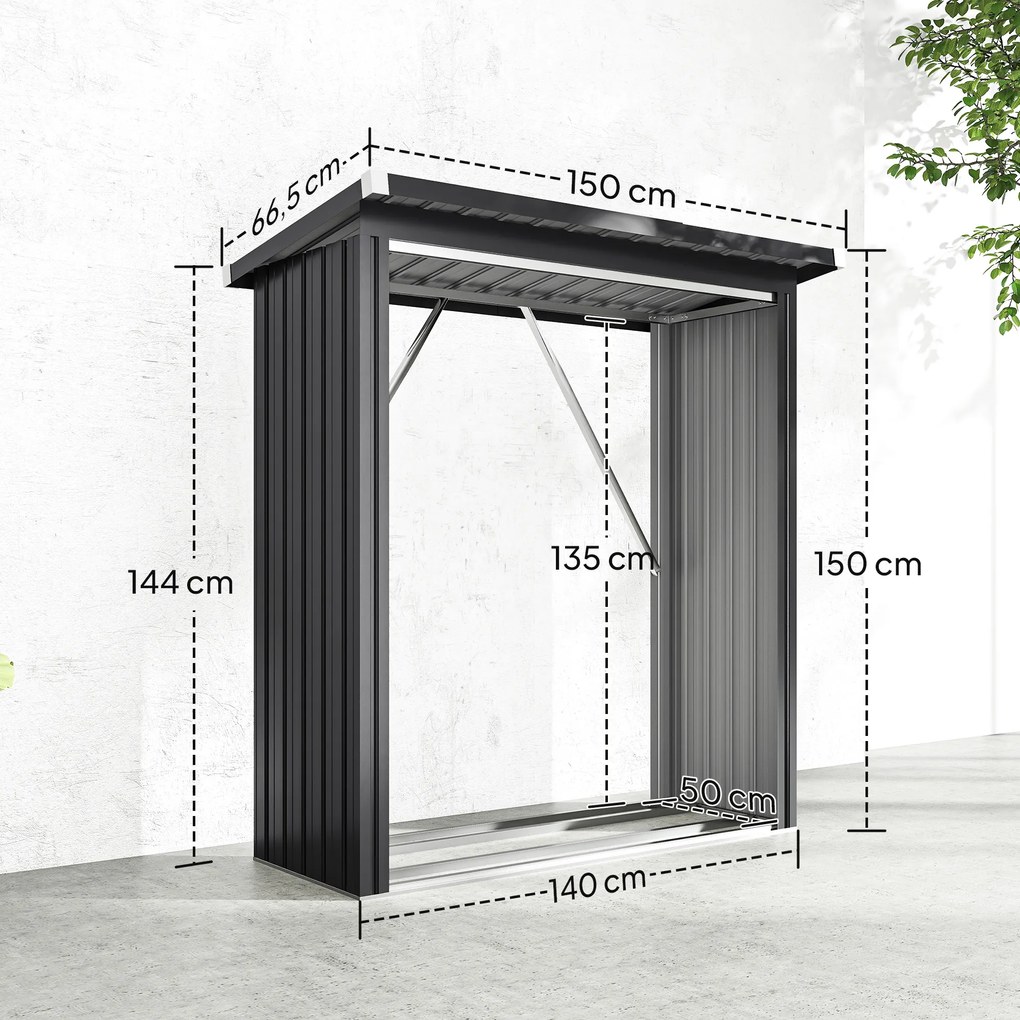 Schowek na drewno opałowe Outsunny — stalowy, podwyższone dno, dach jednospadowy, 150×66,5×150 cm, ciemnoszary