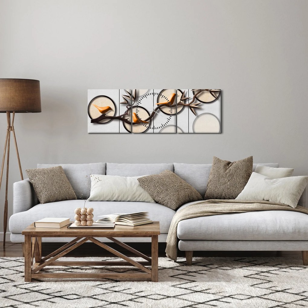 Malarstwo artystyczne - Ptaki na gałęzi (z zegarem) (90x30 cm)