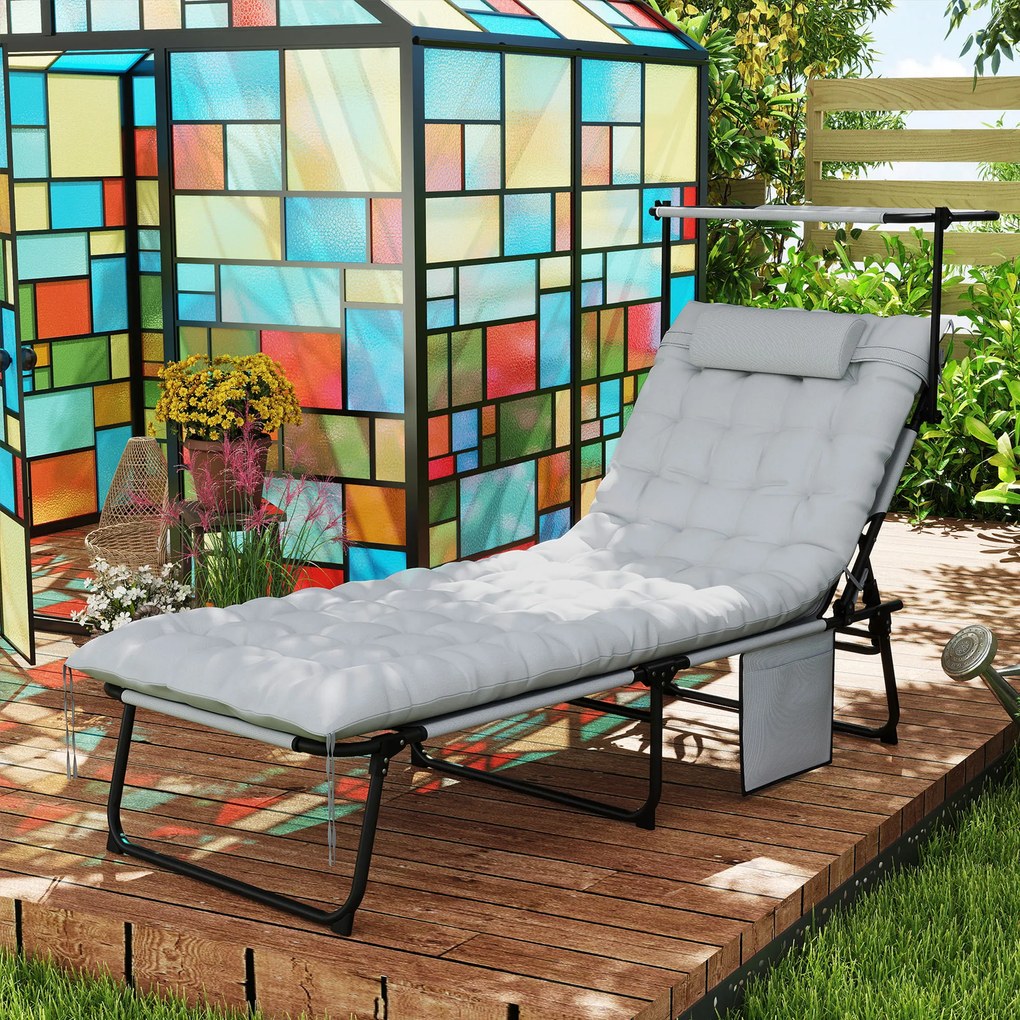 Outsunny Składany leżak ogrodowy z daszkiem, materacem, regulowanym oparciem w 4 pozycjach, Jasnoszary