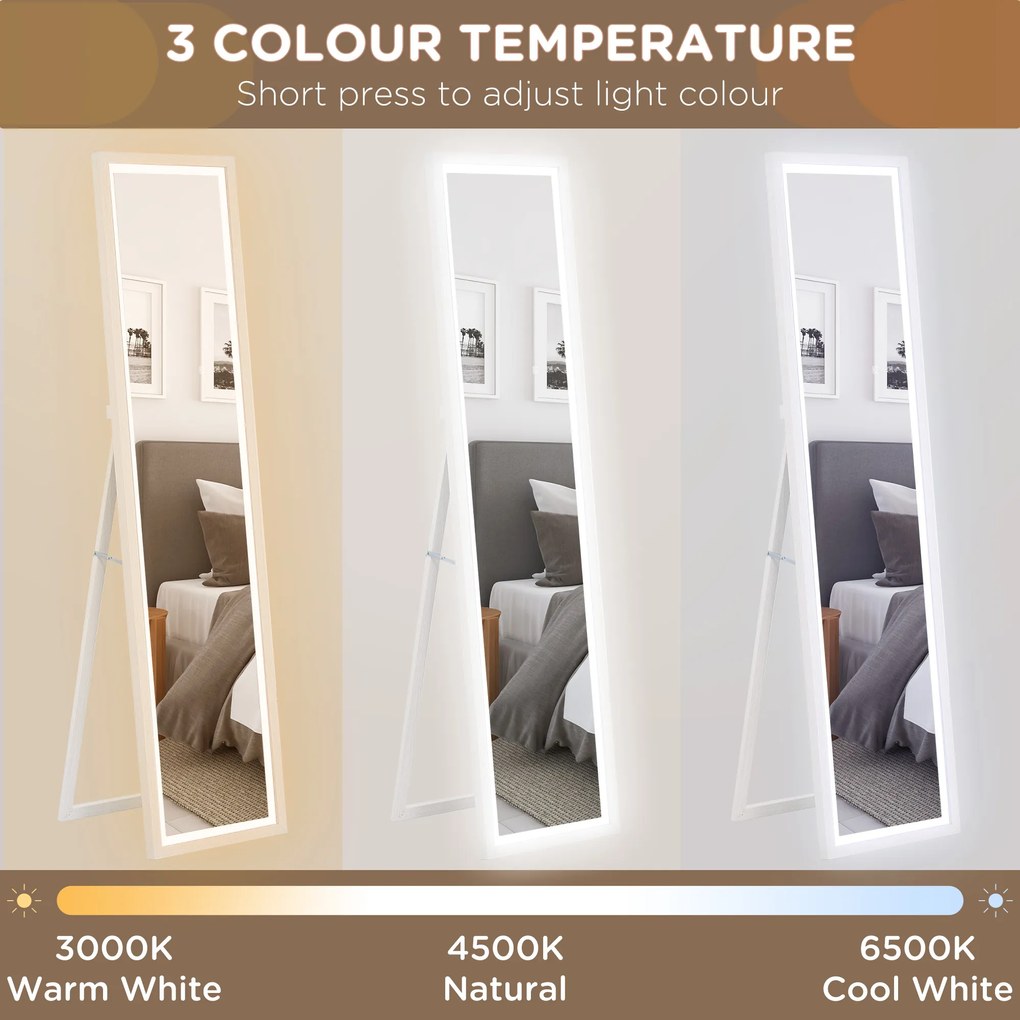 HOMCOM Lustro Całościowe 40x160 cm z Oświetleniem LED, Sterowanie Dotykowe, Regulacja, 3 Kolory, Biały