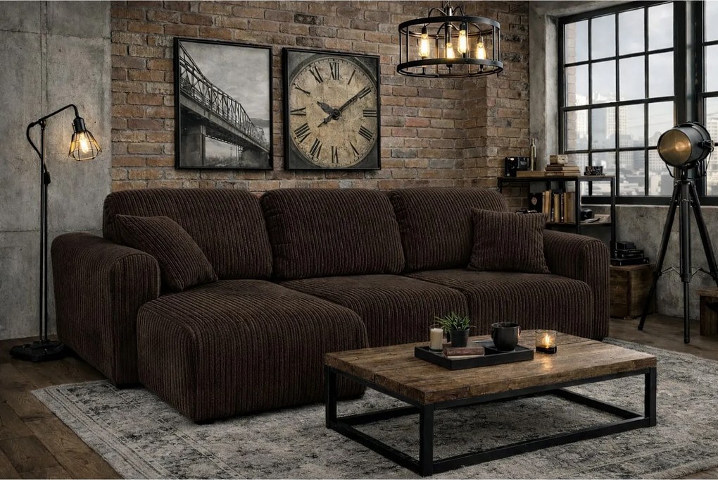 Narożnik w kształcie L z funkcją spania i pojemnikiem Bingo L, tkanina sztruksowa Poso, Brązowy, Lewy