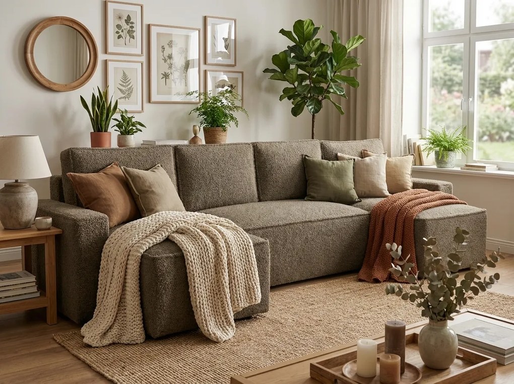 PROMOCJA Rozkładany narożnik w kształcie U SMART BOUCLE 303x143 cm, ciemny beżowy II. klasa jakości