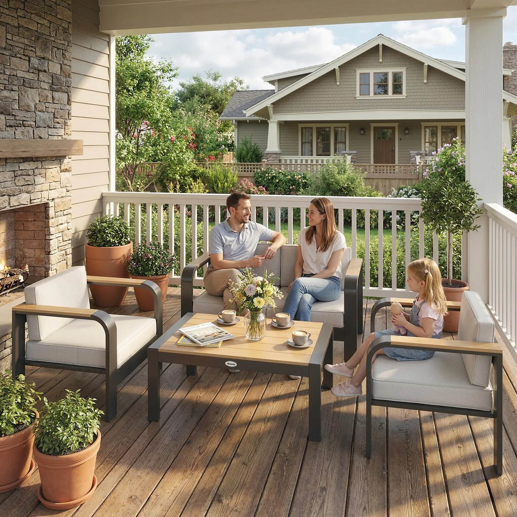 Outsunny Zestaw mebli ogrodowych aluminiowych dla 4 osób, wodoodporny, głębokie siedziska z sofą, fotelami i stolikiem | Aosom PL