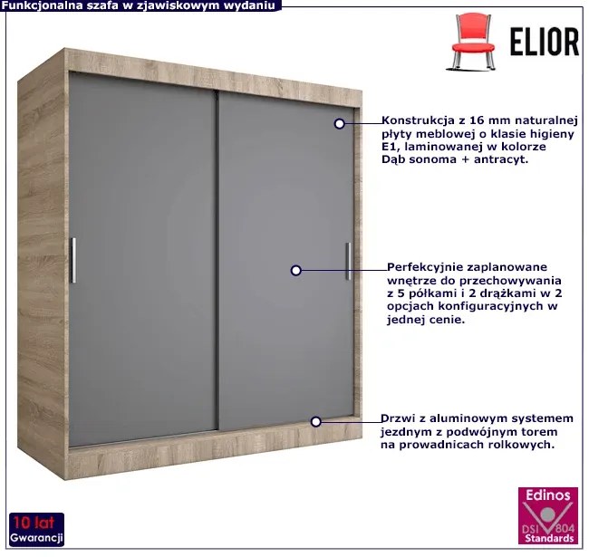 Szafa przesuwna 180 cm dąb sonoma + antracyt - Erco 5X
