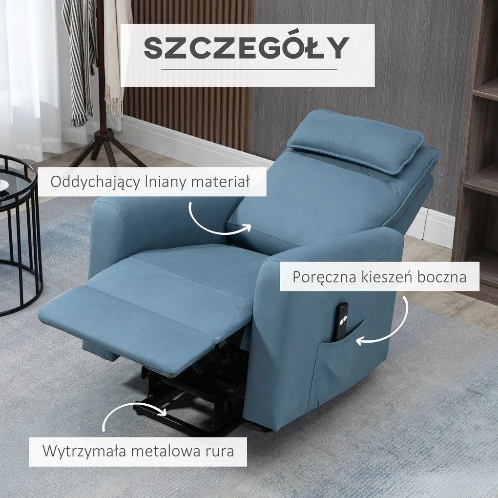 HOMCOM Fotel relaksacyjny z funkcją podnoszenia zintegrowany podnóżek pilot i kieszeń boczna niebieski | Aosom PL