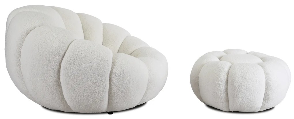 Fotel Wypoczynkowy Obrotowy PETTIT Kremowy z Pufą w Tkaninie Teddy Boucle