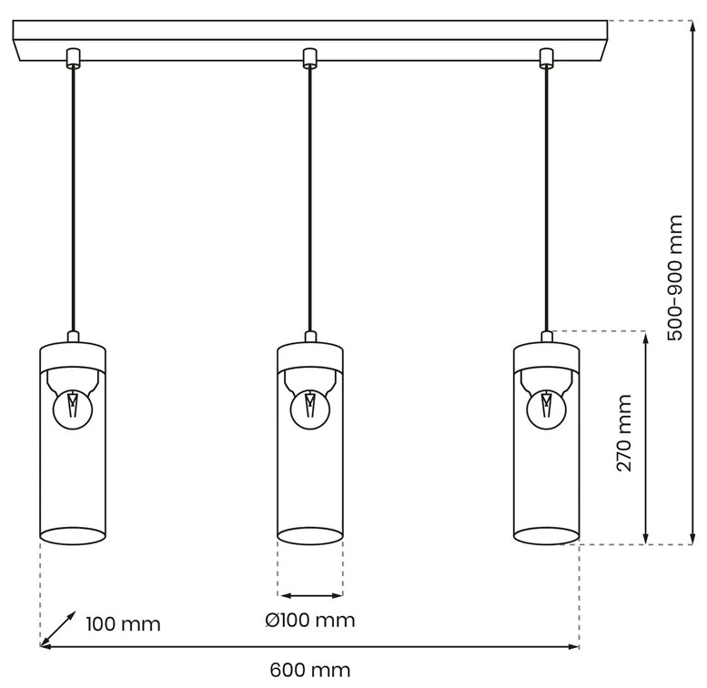 Lampa wisząca ELICA 3xE27, potrójna, szklana, tuba, na listwie
