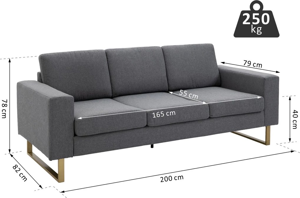 Homcom sofa 3-osobowa tapicerowana meble do siedzenia podłokietniki len ciemnoszary 200 x 82 x 78 cm | Aosom PL