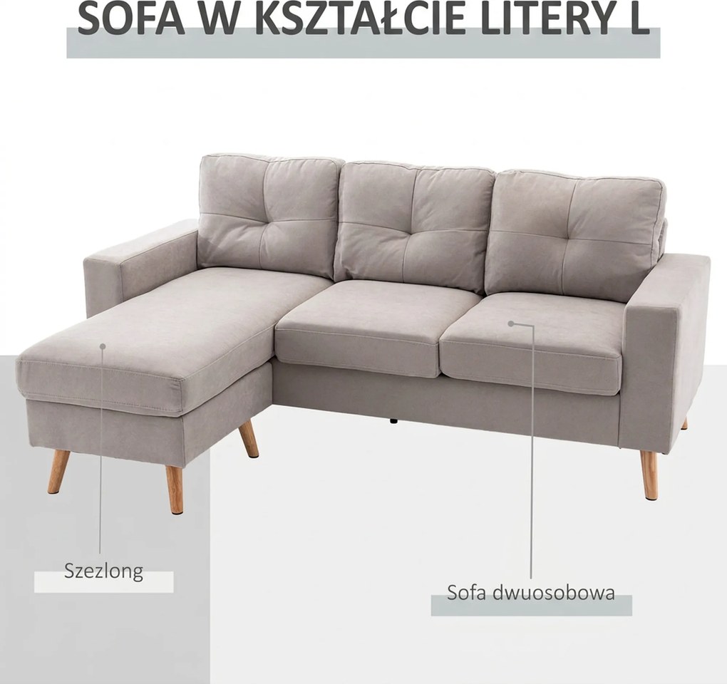 HOMCOM Sofa narożna 3-osobowa, w wyglądzie lnu, Chaiselongue odwracalne, 193x136x85 cm, Jasnoszary | Aosom PL