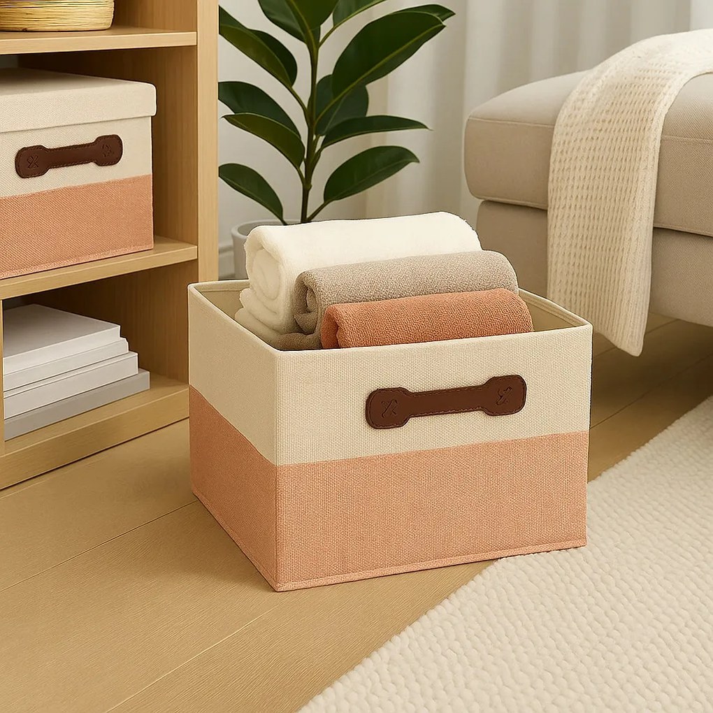 Organizer Tekstylny Różowy 38x28x18 cm Beżowy Pudełko z Pokrywą Dekoracyjny