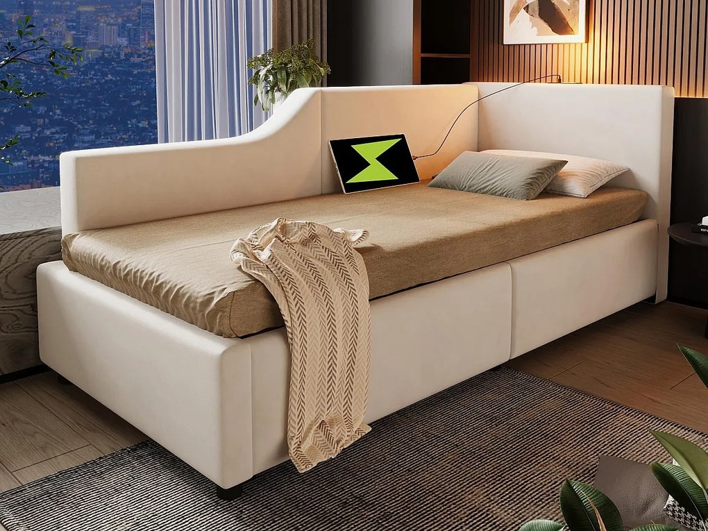 Łóżko 90x200cm - Łóżko tapicerowane welurem - z lampką do czytania i portami ładowania - z stelażem na listwy - Beżowe