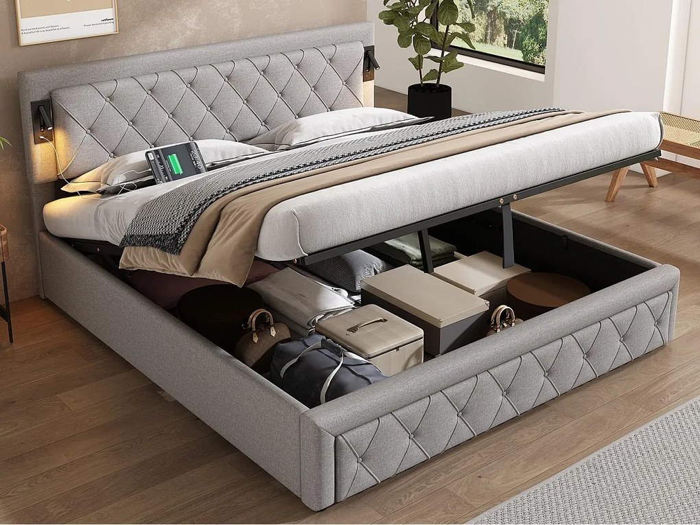 Łóżko z pojemnikiem 180x200cm z tkaniny lnianej - z lampką do czytania i gniazdem USB - z stelażem na listwy - Szare