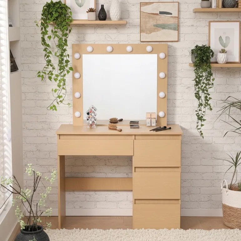 Toaletka z lustrem, oświetleniem i szufladami Claris DT07, dąb