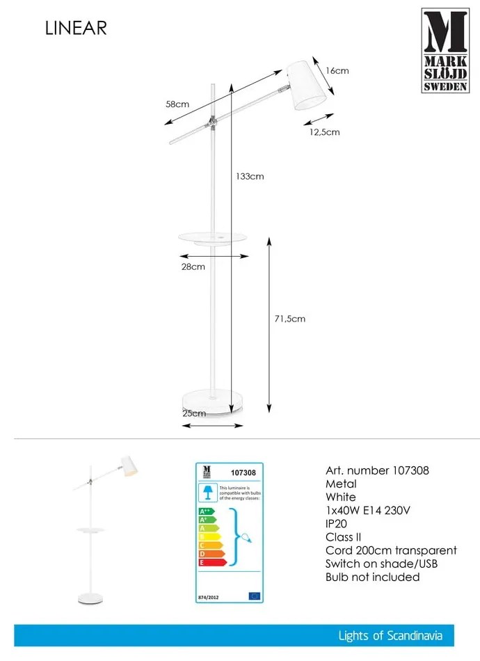 Biała lampa stojąca z półką Markslöjd Linear