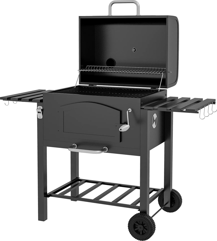 Outsunny Grill węglowy BBQ Smoker z regulowanym basenem węglowym, bocznymi półkami, 124 x 66 x 112 cm, Czarny