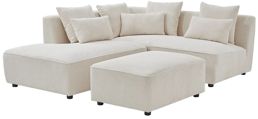 Kanapa narożna lewostonna i pufa z beżowego sztruksu MECODI