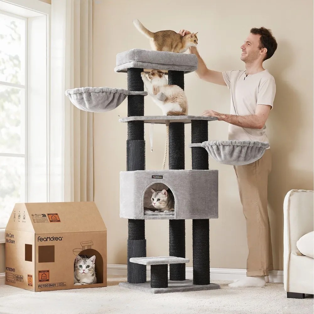 Drapak dla kota ONYX, 50x50x160cm, szary/czarny Feandrea