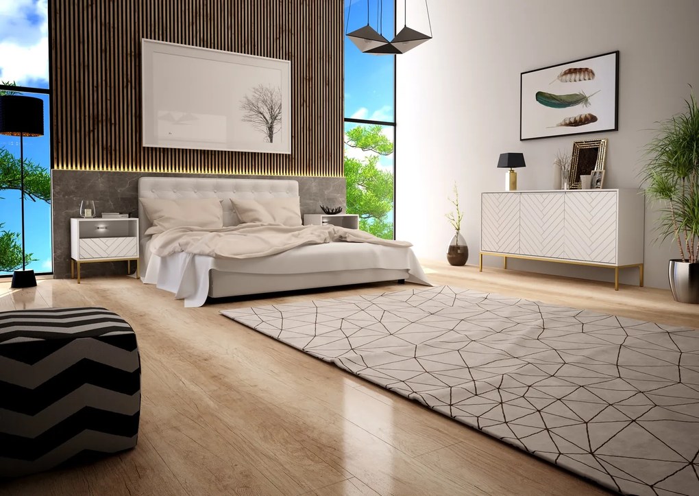 Komoda glamour ze wzorem jodełki Aspen 03 biały mat/złoty