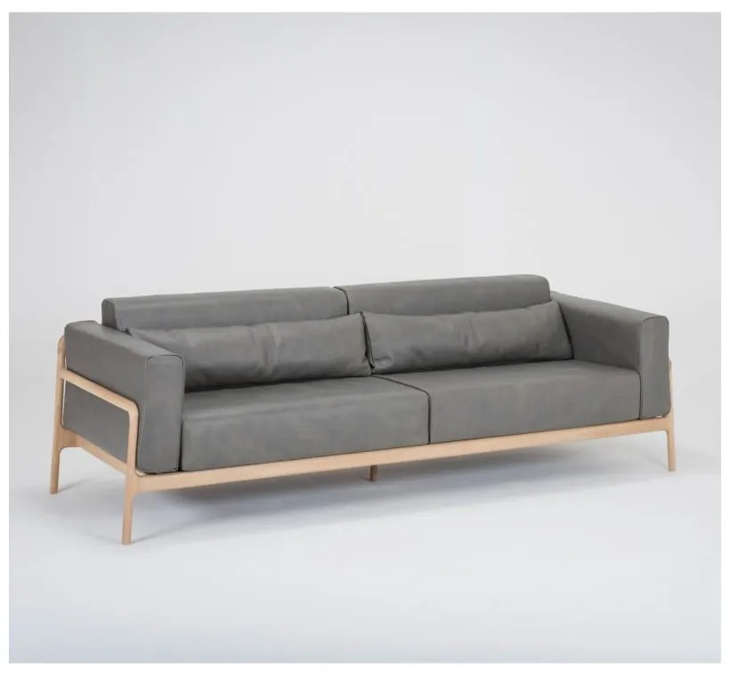 Ciemnoszara sofa z bawolej skóry z konstrukcją z litego drewna dębowego Gazzda Fawn, 240 cm