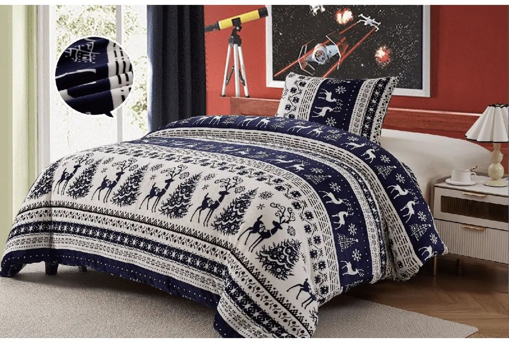PrzytulneMieszkanie.pl PrzytulneMieszkanie.pl Pościel z mikropluszu WINTER DEER VELVET niebieska