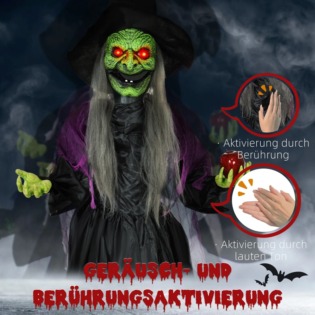 HOMCOM Czarownica z Jadowitym Jabłkiem, Dekoracje Helloweenowe, Straszne Dźwięki, Czerwone Oczy, Ruchome Ramiona, 180 cm