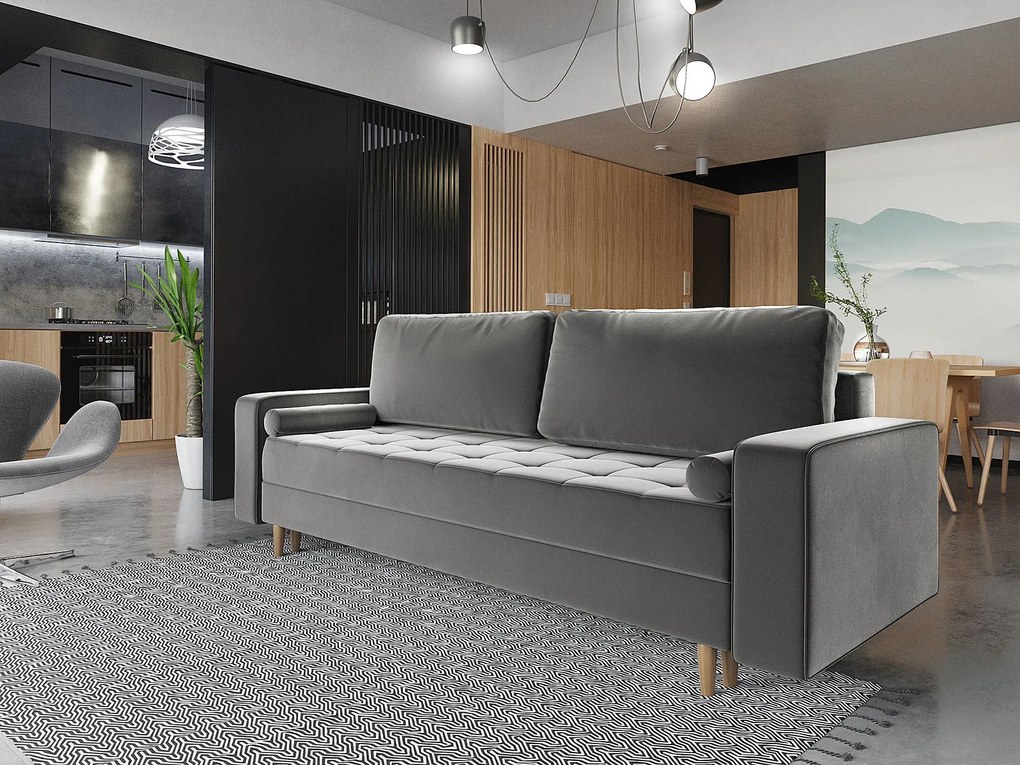Szara welurowa sofa rozkładana z pojemnikiem A3-B09