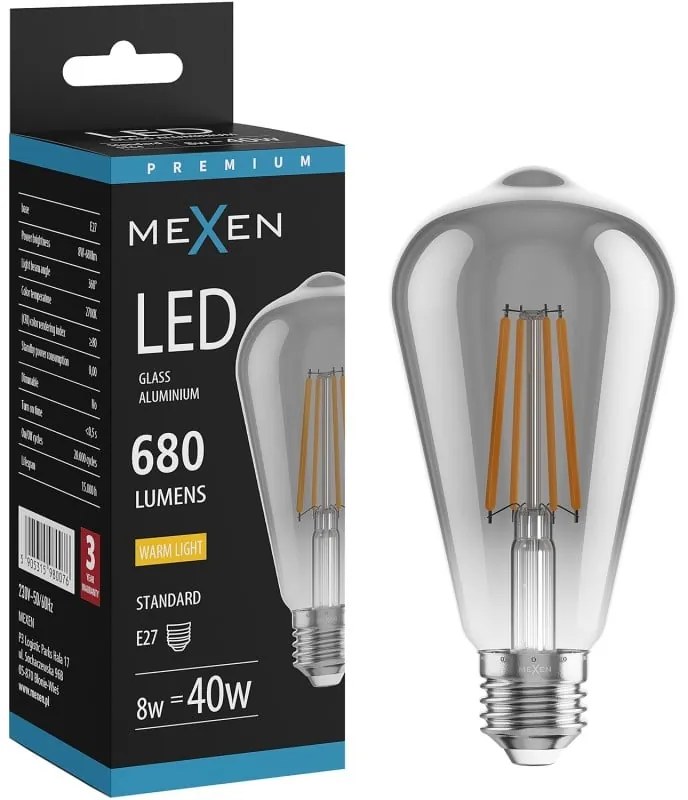 Mexen Vintis żarówka filament LED E27, ST64, 8W, Ciepła - 2700K, 680 lm, smoke - L152-E27-0827-70