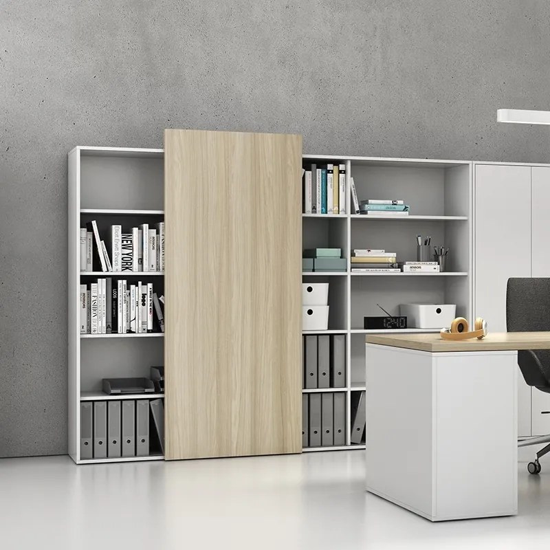 Regał biurowy z przesuwnym panelem BLOCK, 1600 x 400 x 1748 mm,  dąb naturalny