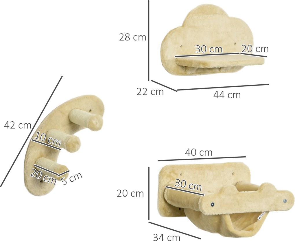 PawHut Schodki dla Kotów do Montażu na Ścianie 40cm Beżowe Schody dla Kota z Miejscem do Wypoczynku i Zabawy | Aosom PL
