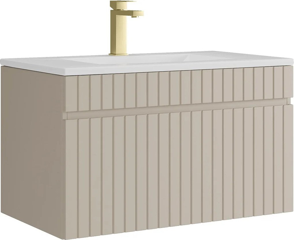 Wisząca szafka łazienkowa prążkowana beżowa z umywalką podblatową do zabudowy i baterią – 80 cm – SATARA