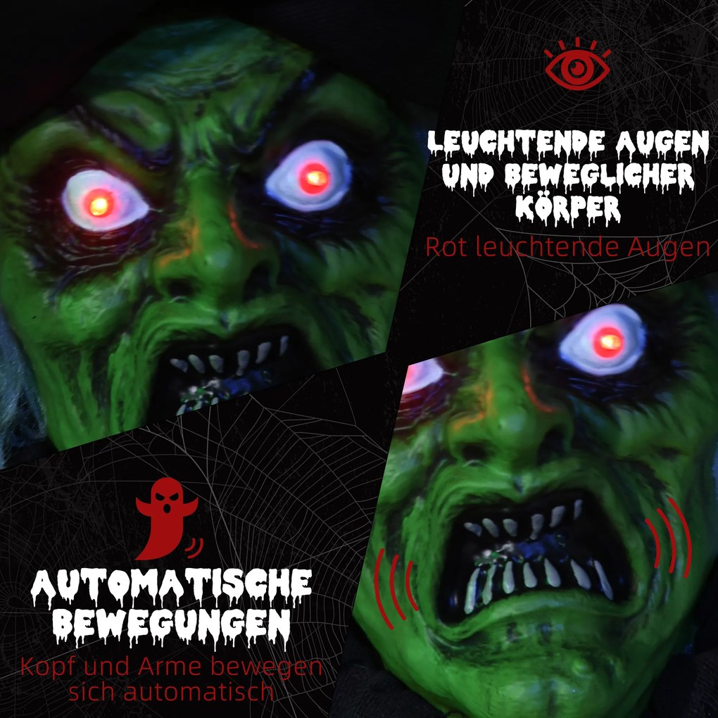 HOMCOM Czarownica na Halloween, Dekoracja z Funkcją Dźwiękową, z Sensorem Ruchu i Światłami LED, 60 cm x 18 cm x 183 cm