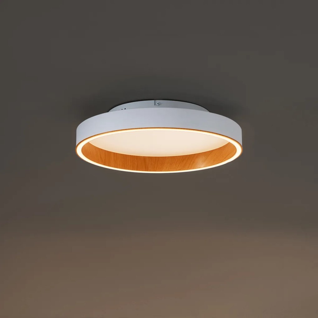 Designerska lampa sufitowa biała z drewnem 40 cm z wbudowaną diodą LED z 3-stopniowym przełącznikiem - Ingo