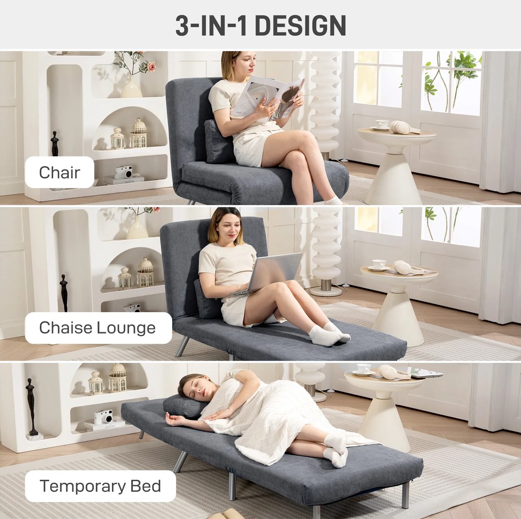 HOMCOM Fotel z funkcją łóżka, design 2-w-1, fotel do spania, łóżko gościnne, materiał pokryciowy, z poduszką, ciemnoszary