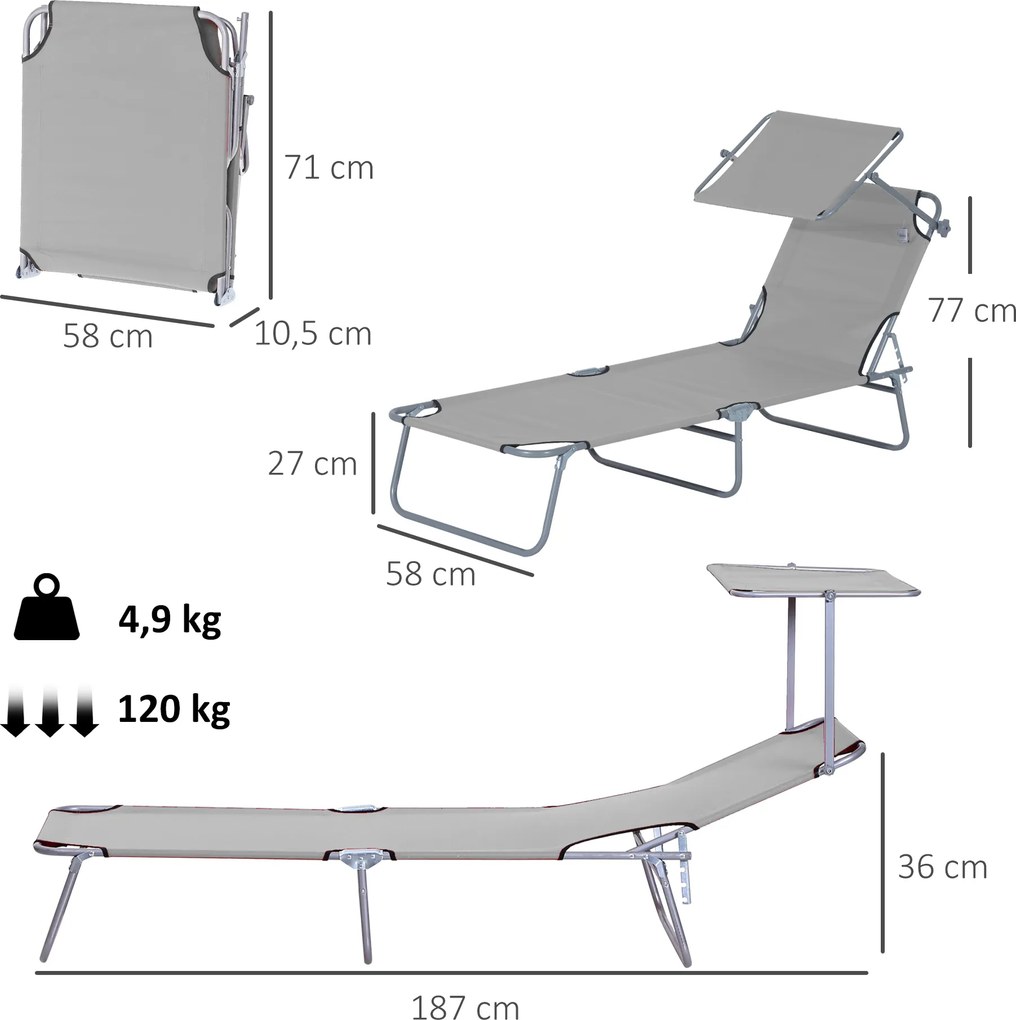 Outsunny Leżak ogrodowy składany z daszkiem przeciwsłonecznym na plażę wellness szary 187x58x36 cm | Aosom PL