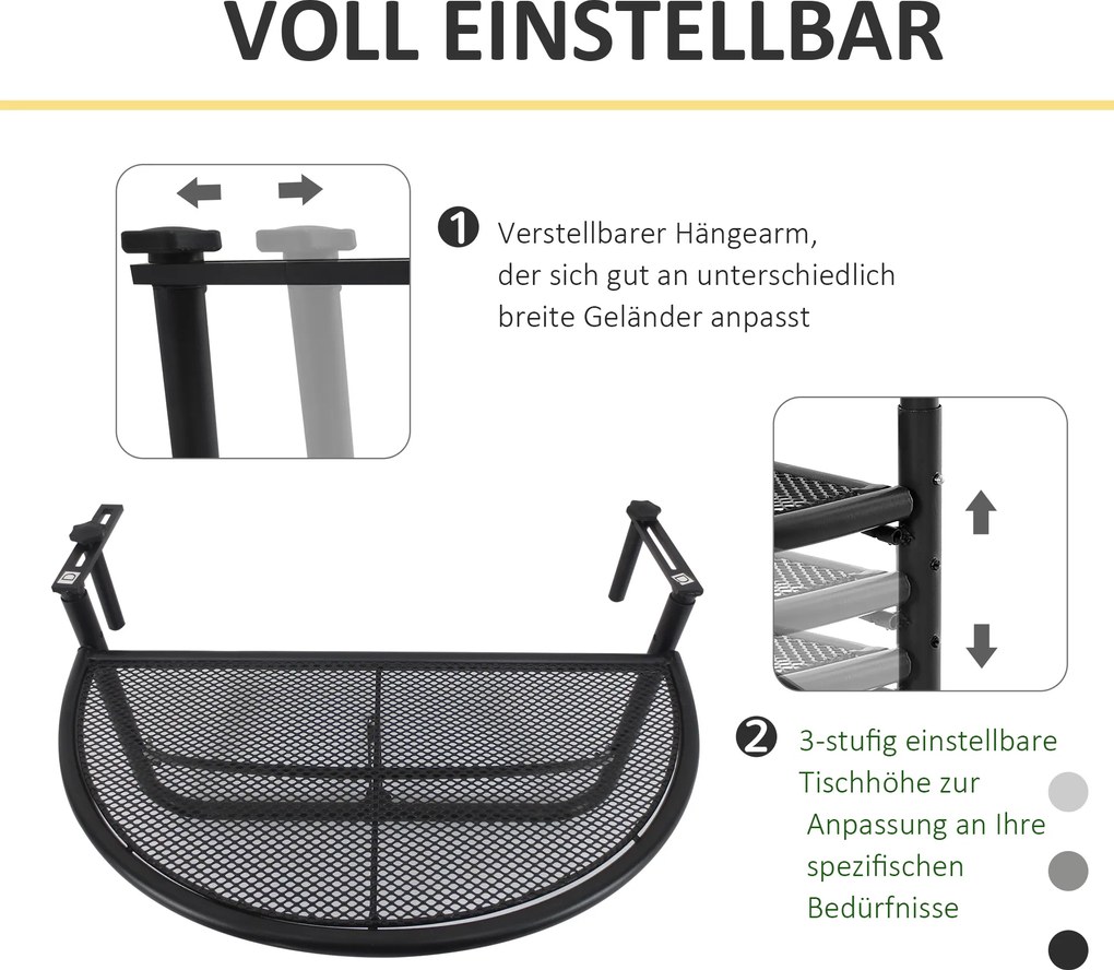 Outsunny Stół Wiszący Balkonowy Półokrągły Regulowana Wysokość Metalowy Czarny 60x45x50cm | Aosom PL