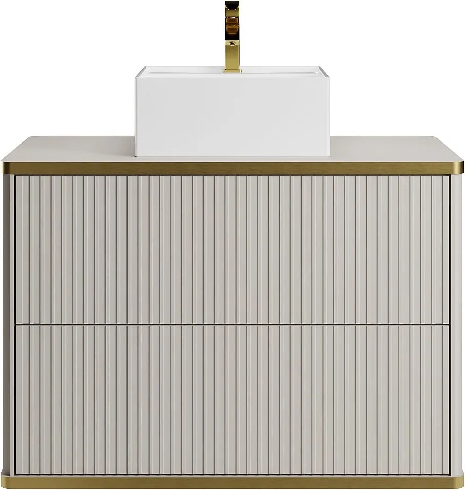 Szafka łazienkowa wisząca  ryflowana ze złotą listwą i kwadratową umywalką nablatową - Beżowy - 80 cm - KELIZA
