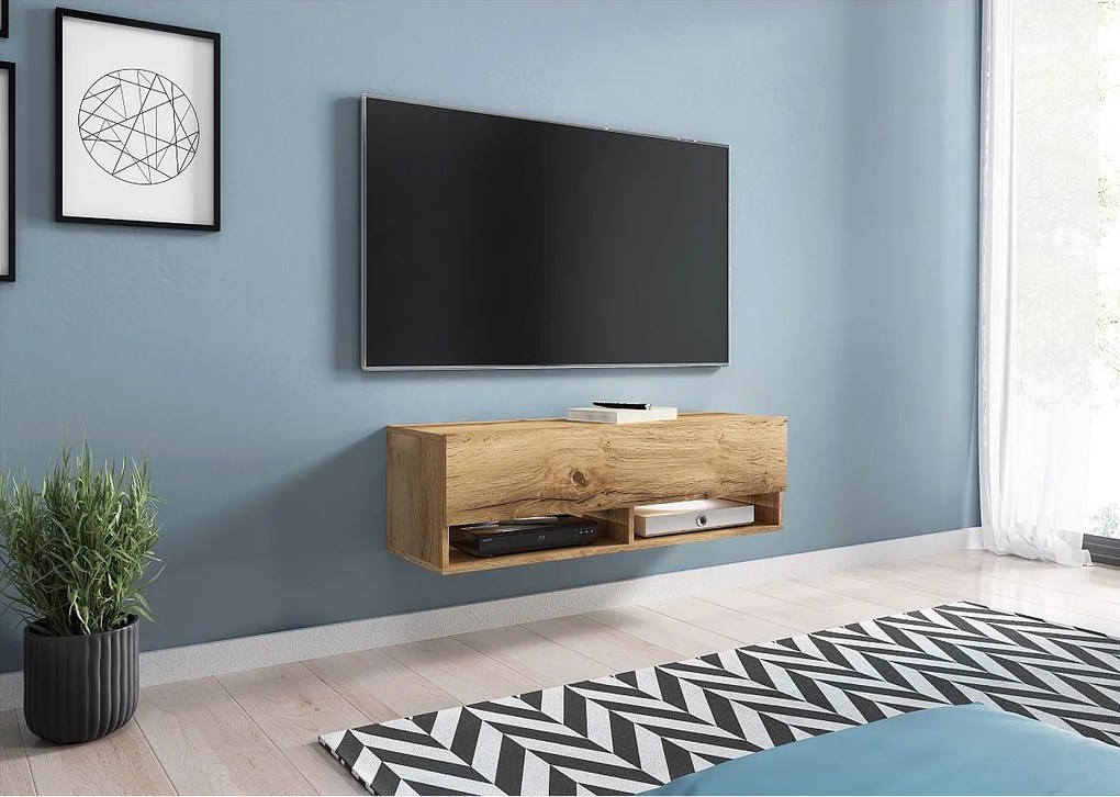 Nowoczesna szafka RTV 100 cm z LED – bezuchwytowa, dąb wotan, stojąca lub wisząca