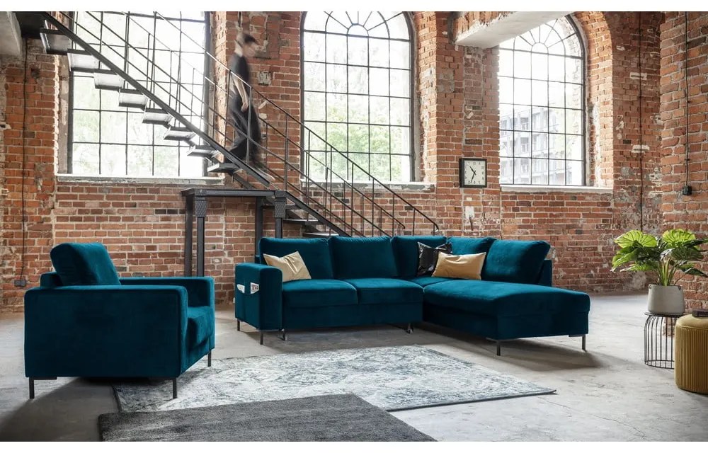 Turkusowy aksamitny rozkładany narożnik (prawostronny) Lofty Lilly – Miuform