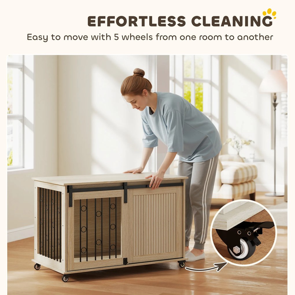 PawHut Skrzynia dla psa na kółkach, drzwi przesuwne, 100 x 56 x 65 cm, drewno, stal | Aosom PL
