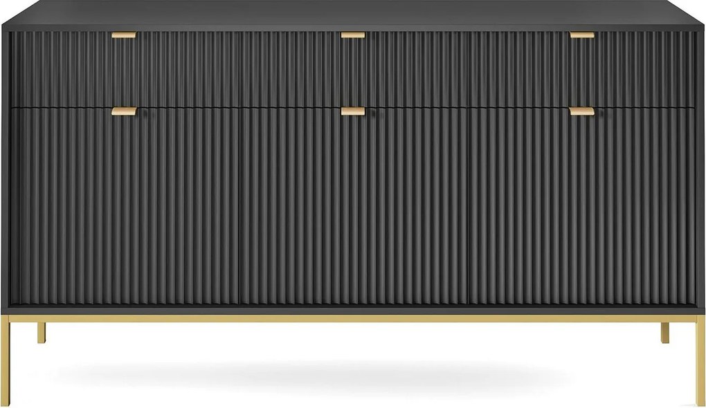 Komoda: 3 szuflady, 3 drzwi, czarna, złota, 154 x 83 x 39 cm, złote uchwyty