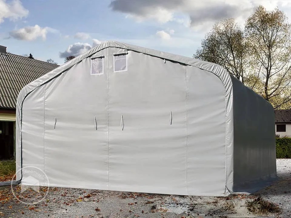 TOOLPORT 7x7m Namiot garażowy - 2,6 m wysokość ścian bocznych z 5x2,9m brama, PVC 850, szary, ze statyką (podłoże gruntowe) - (99456)