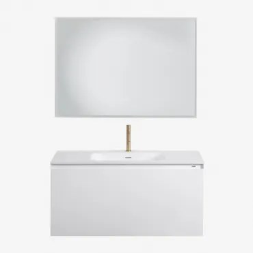 Zestaw Wiszących Mebli Łazienkowych Zintegrowany Z Umywalką Macrae Biała & Prostokątna Lampa Led I Przeciwmgielna 100x70 Cm Riben & Szczotkowane Złoto