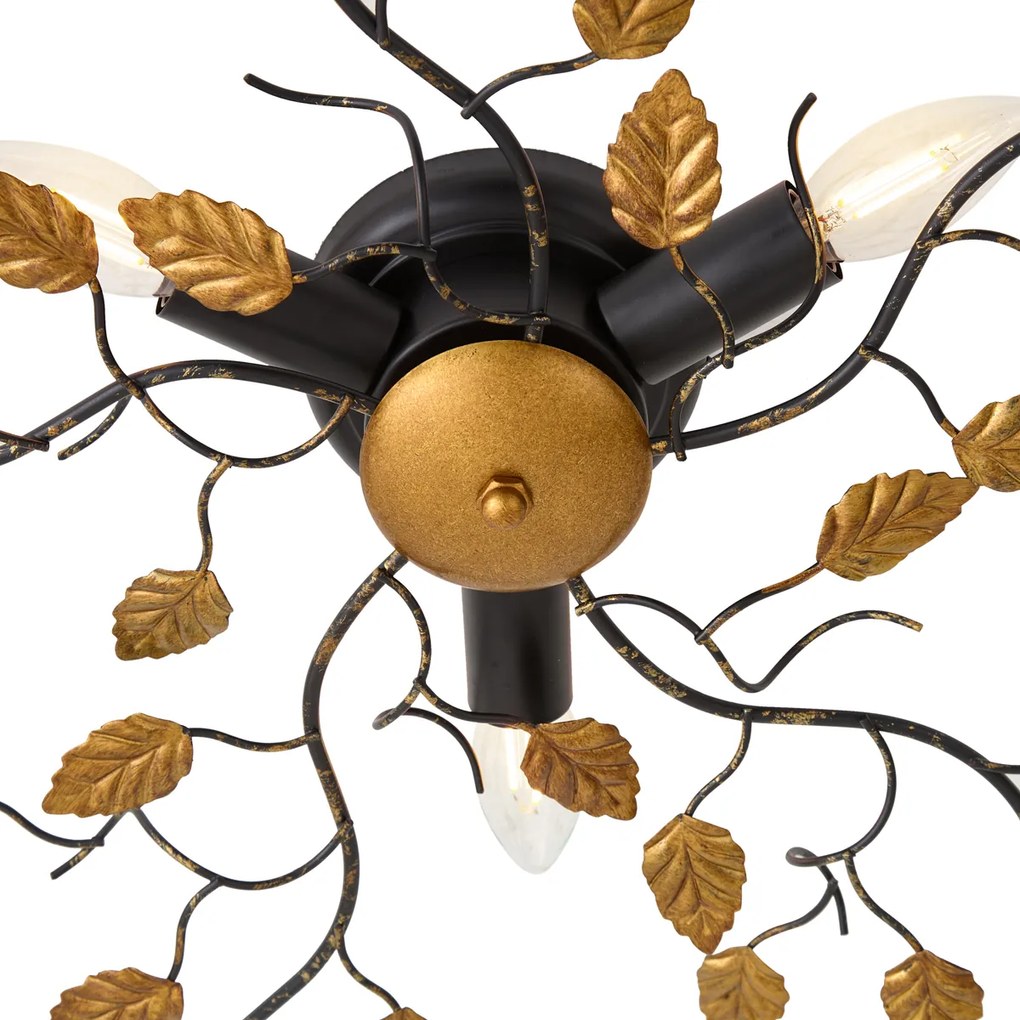 W stylu vintage lampa sufitowa czarna ze złotem 50 cm 3-światła - Foglie