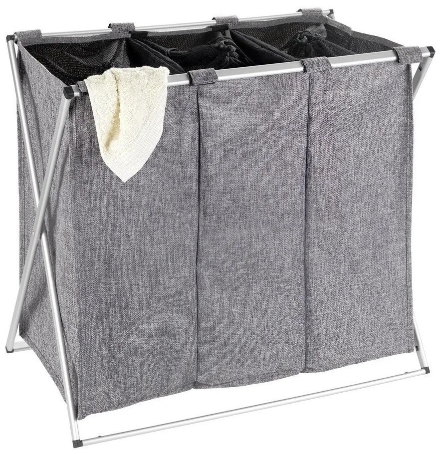 Kosz tekstylny na pranie TRIO ze stalową ramą, składany pojemnik trójdzielny na bieliznę - 130 l, 59 x 57 x 38 cm, WENKO