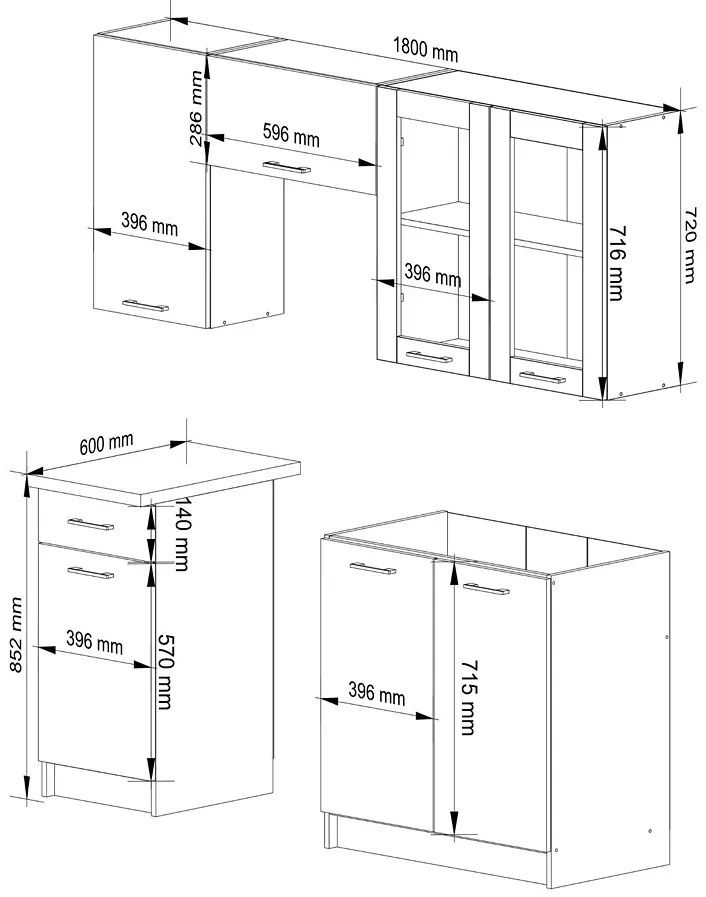 Komplet białych mebli kuchennych z witryną 180 cm D2-P80